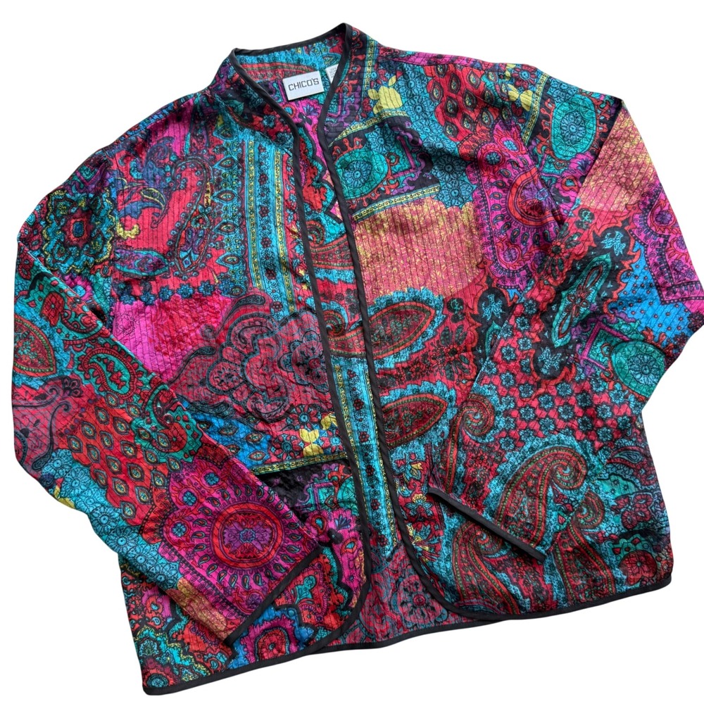 Chico's Silk Quilted Jacket Womens 1 Multicolor Paisley Patchwork Boho Art Wear
